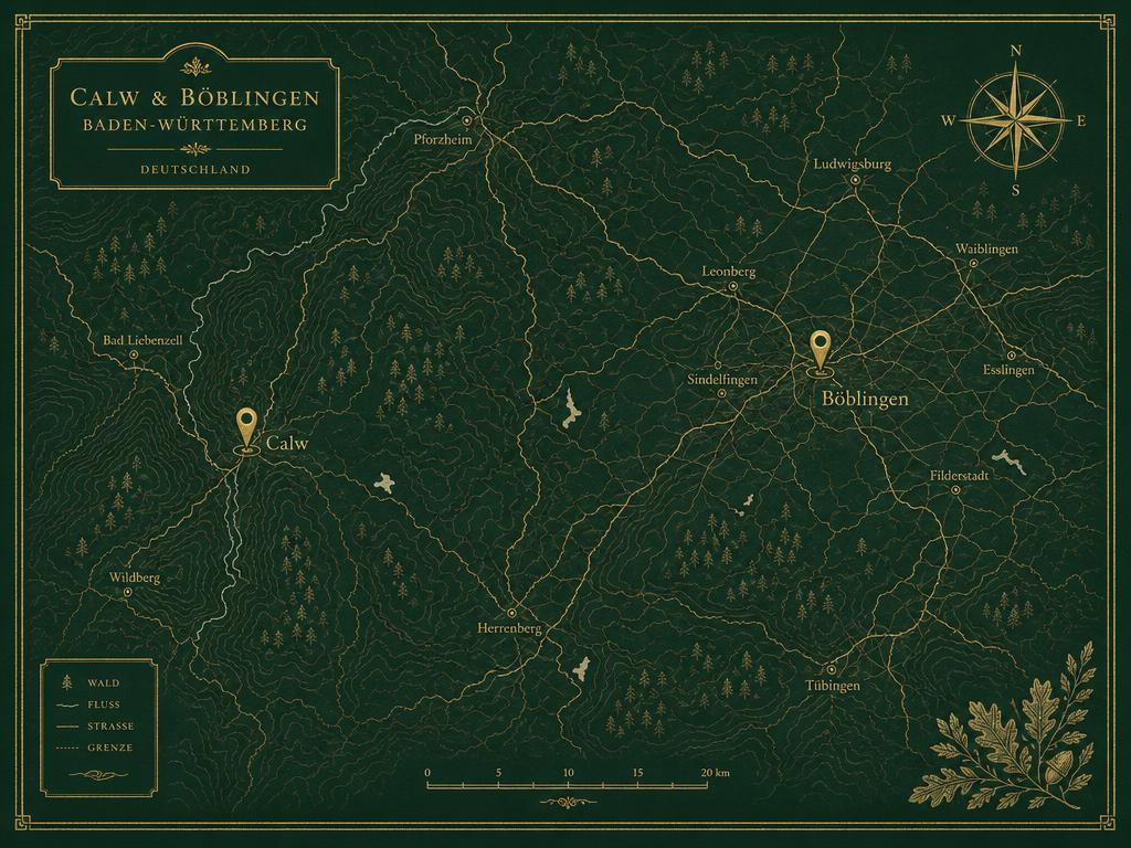 Illustrierte Karte der Region Calw und Böblingen in Baden-Württemberg